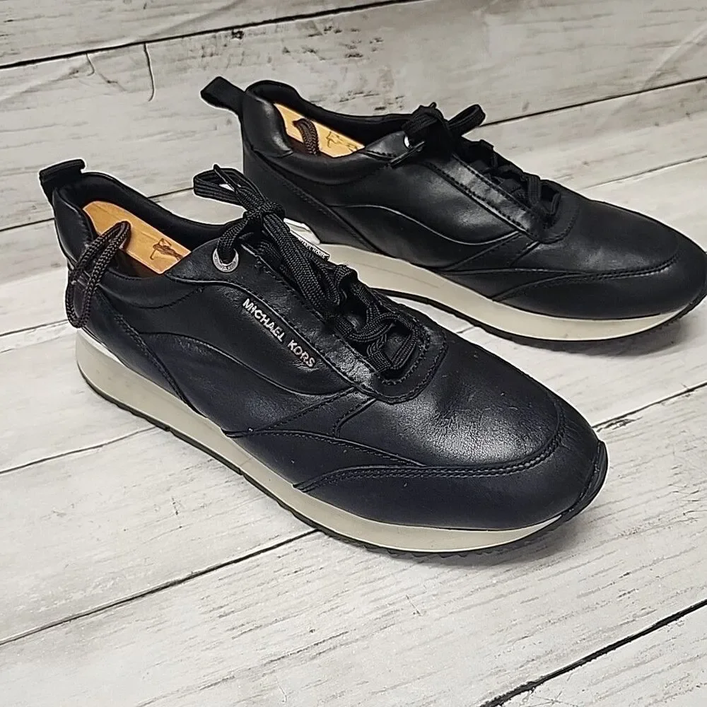 Michael Kors Allie Stride Trainer Smooth Leather Black Sneakers Women's 9.5M